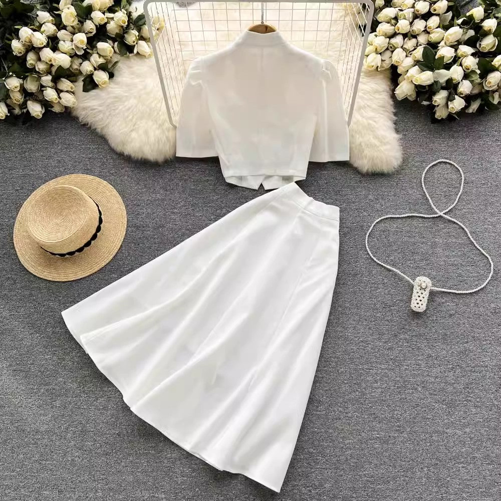 women's short-sleeved top mid-length skirt two-piece set     S4570