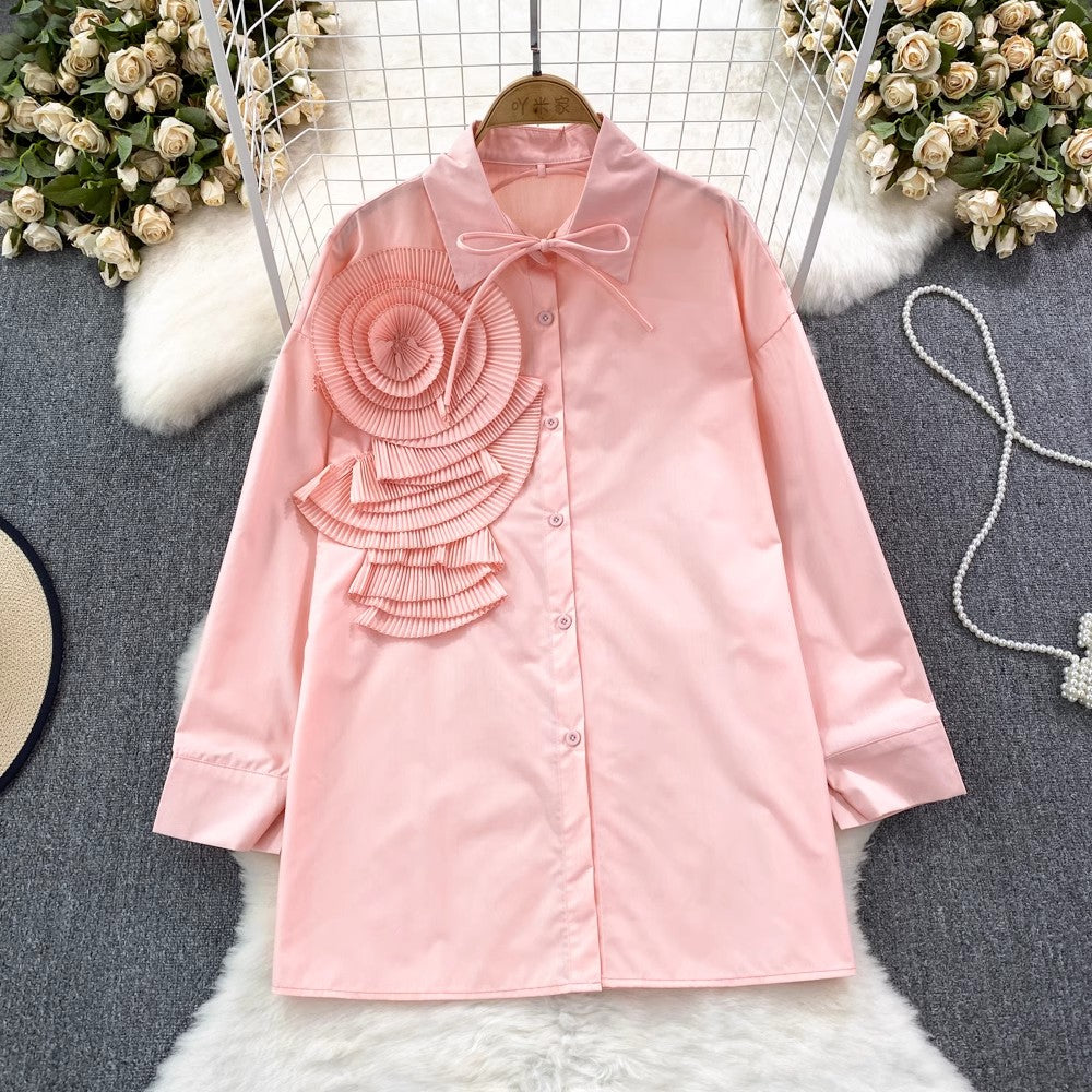 floral long-sleeved solid color shirt casual top     S4117