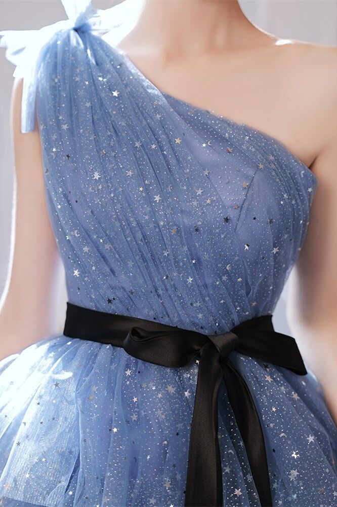 One Shoulder Princess Blue Short Party Dress       S3234