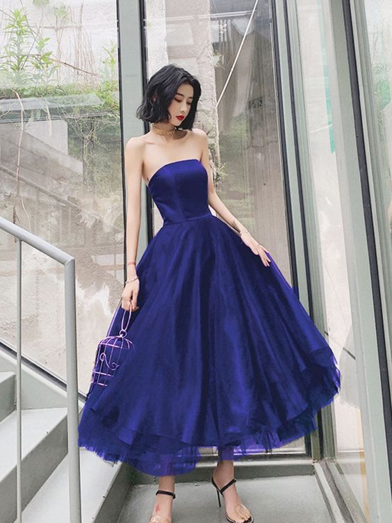 Simple Blue Tulle Tea Length Prom Dress, Tulle Homecoming Dresses   S3273