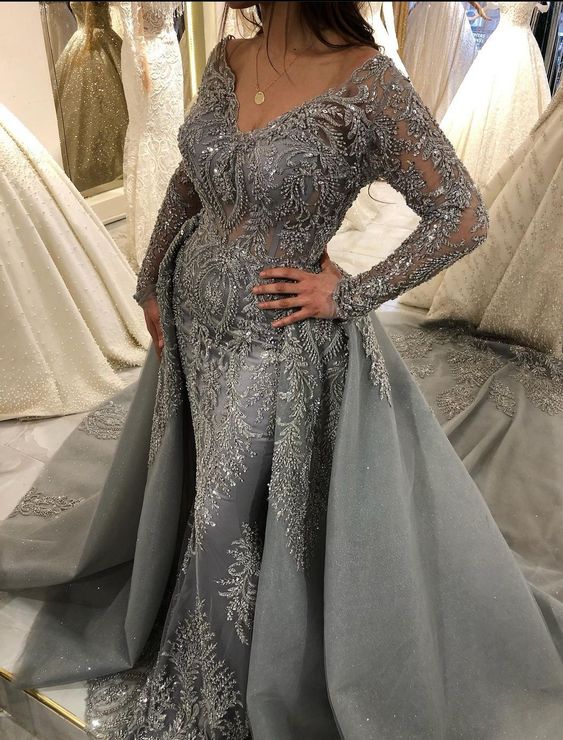 Gray Sexy A Line Prom Dresses, Long Prom Dresses, Removable Prom Dresses       S3682