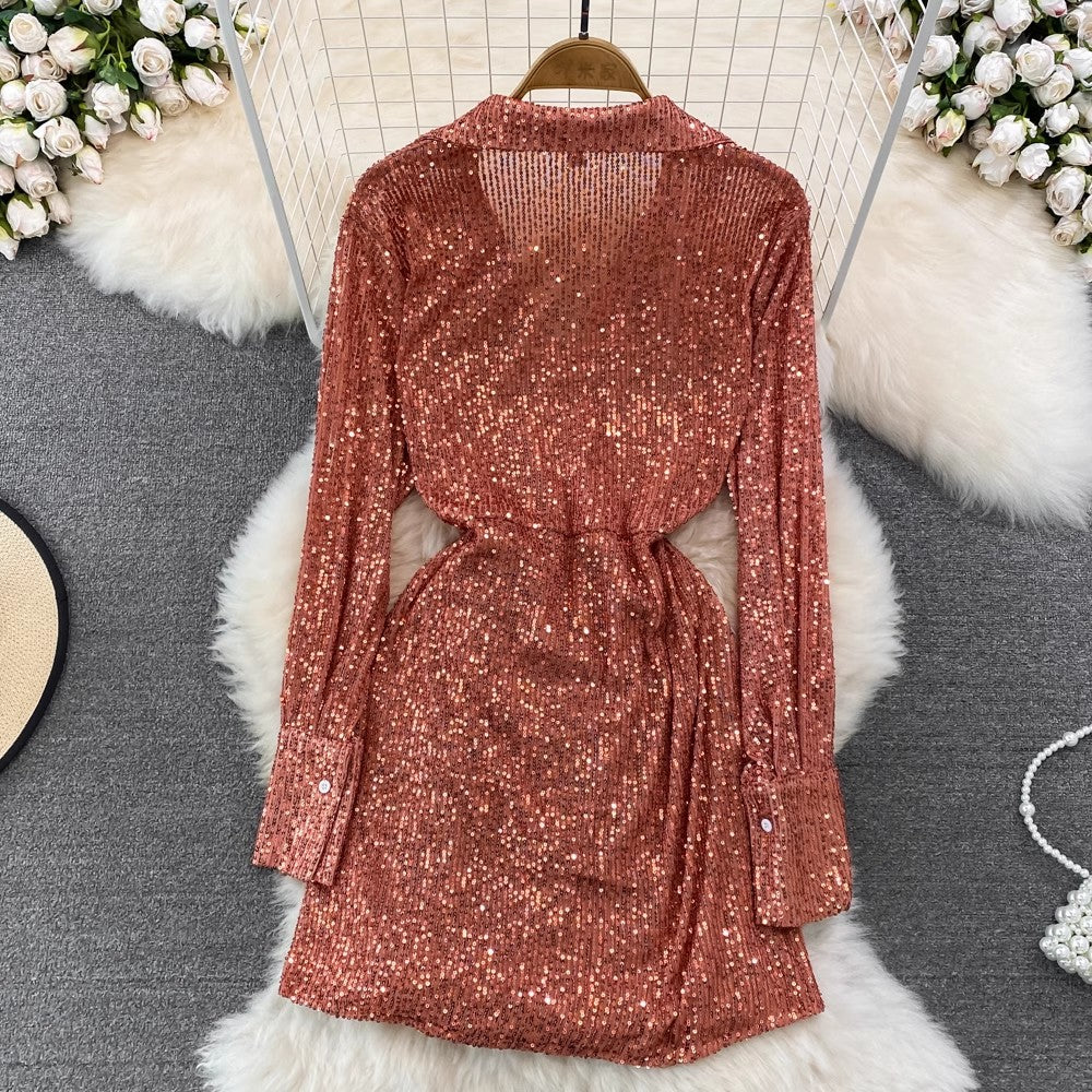 fashionable long-sleeved sequined V-neck A-line dress       S3960