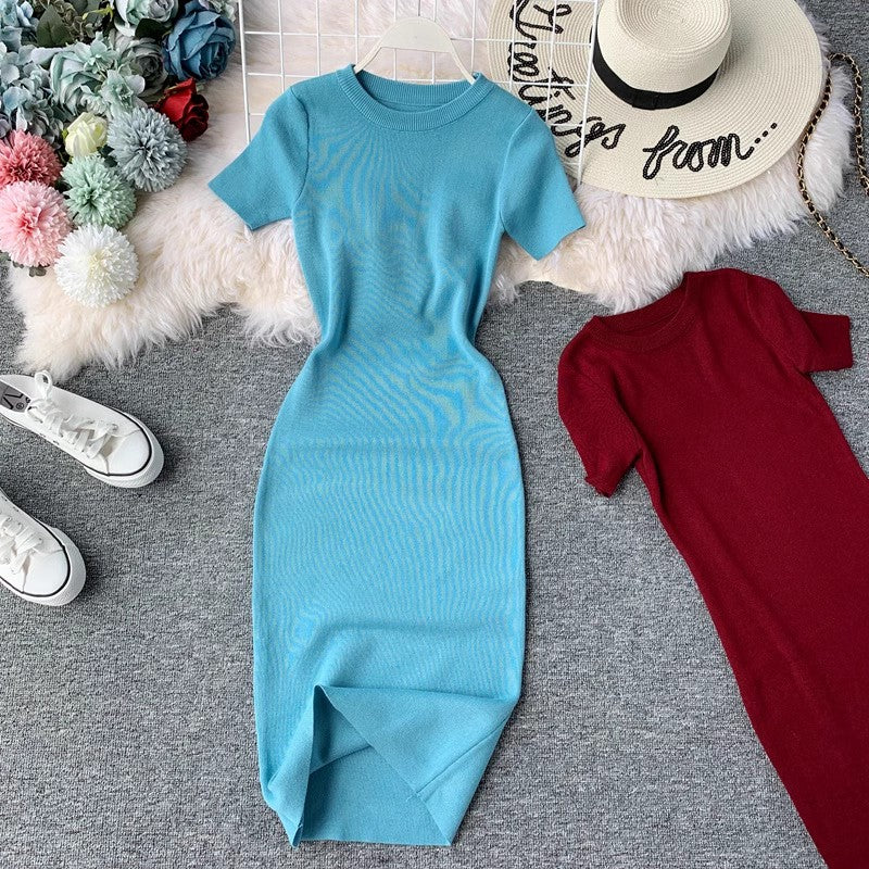 Short-sleeved solid color round neck elastic knitted tight skirt dress mid-length     S3947