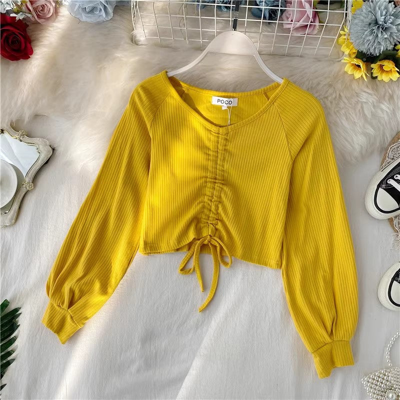 sexy short crop top design V-neck style long-sleeved T-shirt      S4129