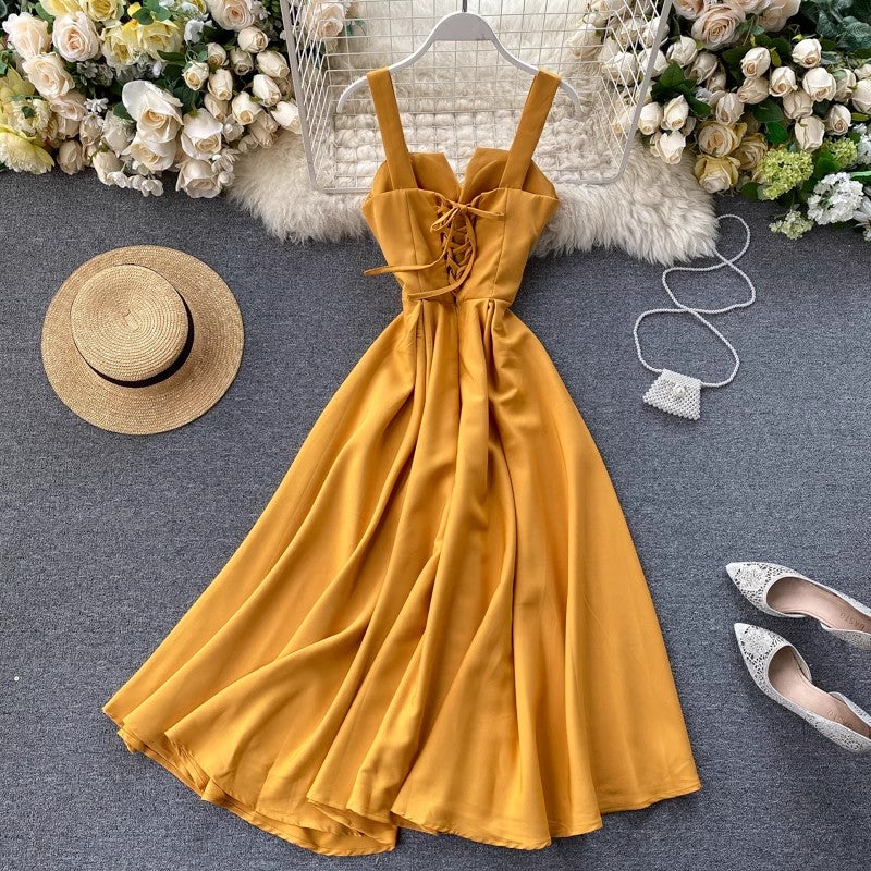 New design V-neck backless solid color long skirt women's dress    S4564