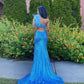 Cute Mermaid One Shoulder Royal Blue Sequins Prom Dresses with Slit          S3652