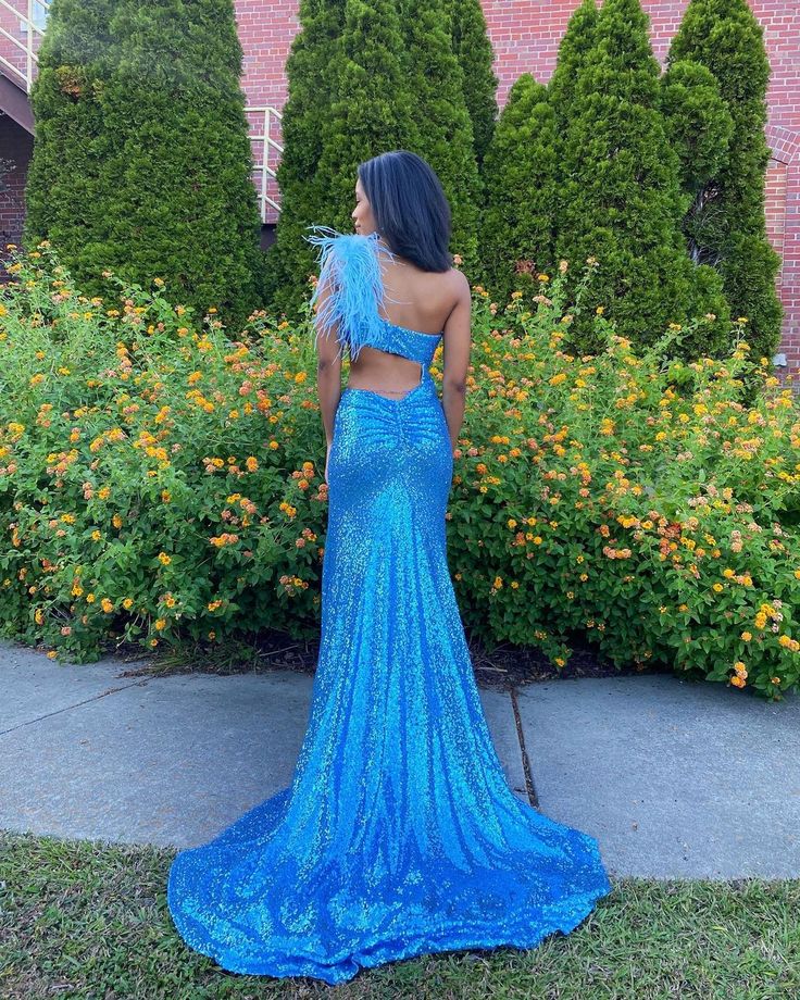 Cute Mermaid One Shoulder Royal Blue Sequins Prom Dresses with Slit          S3652