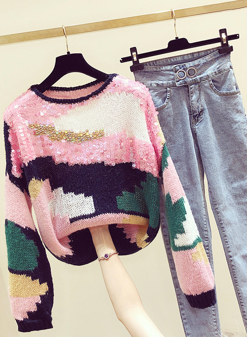 Cute Colorful Long Sleeve Sweater Round Neck Sequins Sweater    S4371