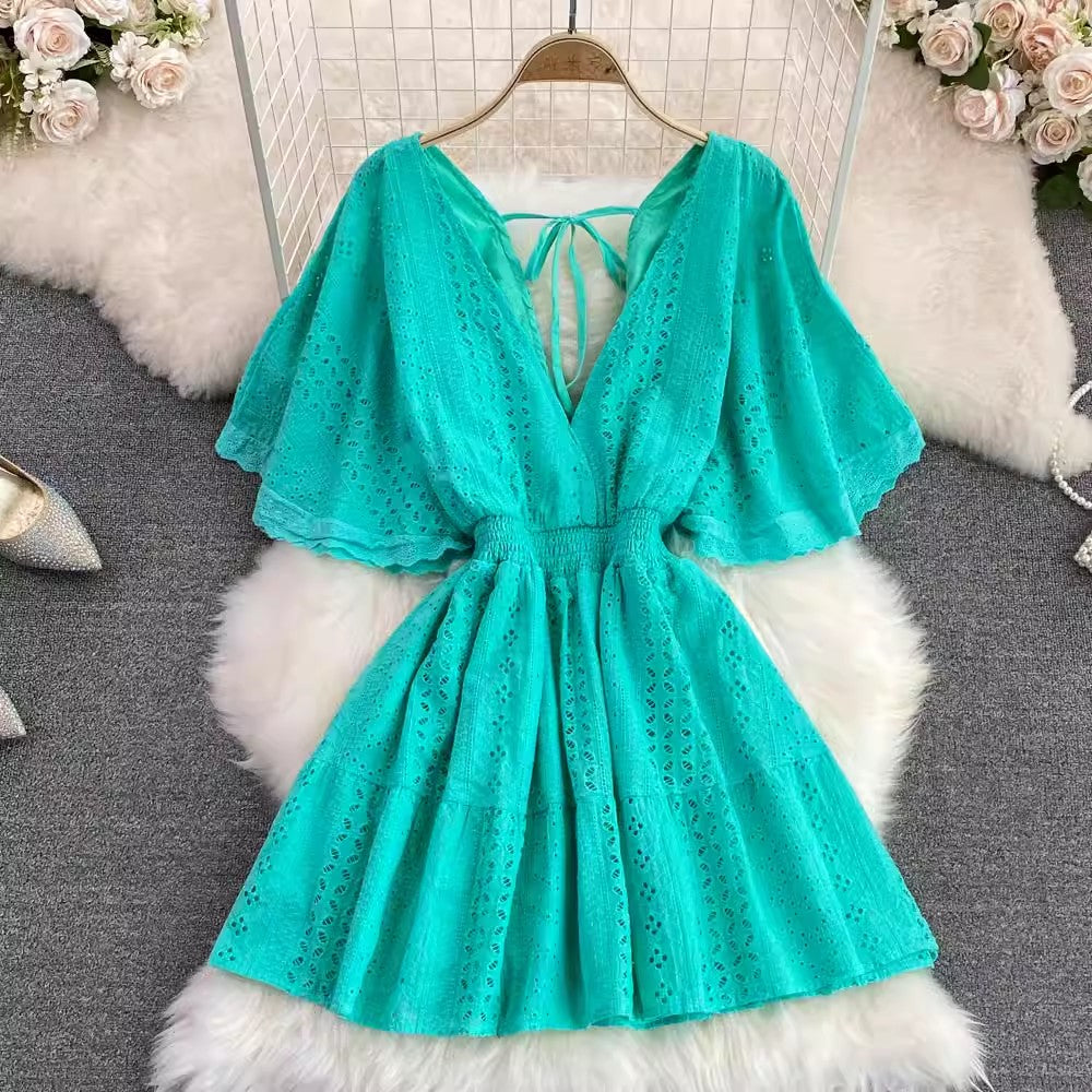 Fashion Deep V-Neck Ruffle Sleeve A-Line Dress       S4097