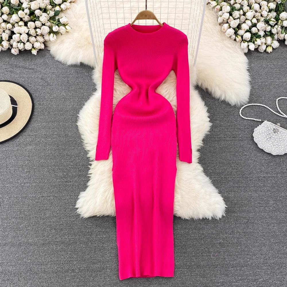 long-sleeved round neck elastic tight mid-length knitted dress      S4010