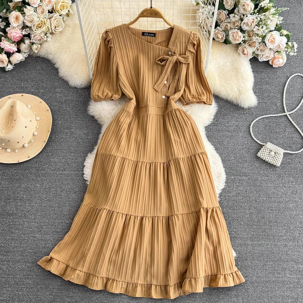 puffy short-sleeved mid-length A-line ruffle dress      S4331