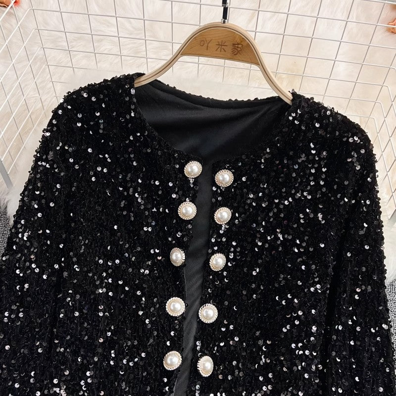 shiny sequins colorful long-sleeved cardigan suit short jacket women's clothing    S4205