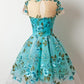 Short Sleeved Sheer Floral Embroidered Short Homecoming Dress, Formal Dress     S2755