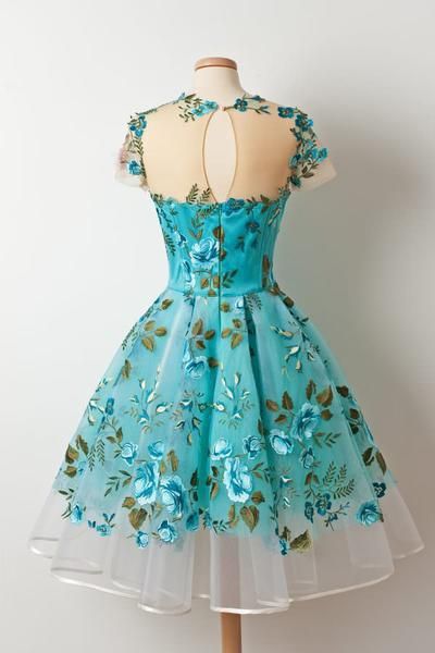 Short Sleeved Sheer Floral Embroidered Short Homecoming Dress, Formal Dress     S2755