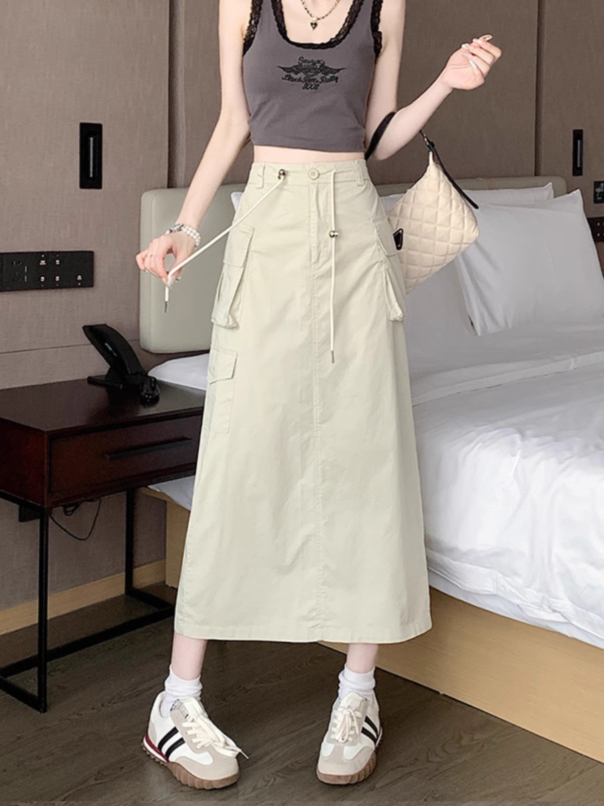 workwear skirt for women summer new mid-length high-waist drawstring a-line long skirt    S3416