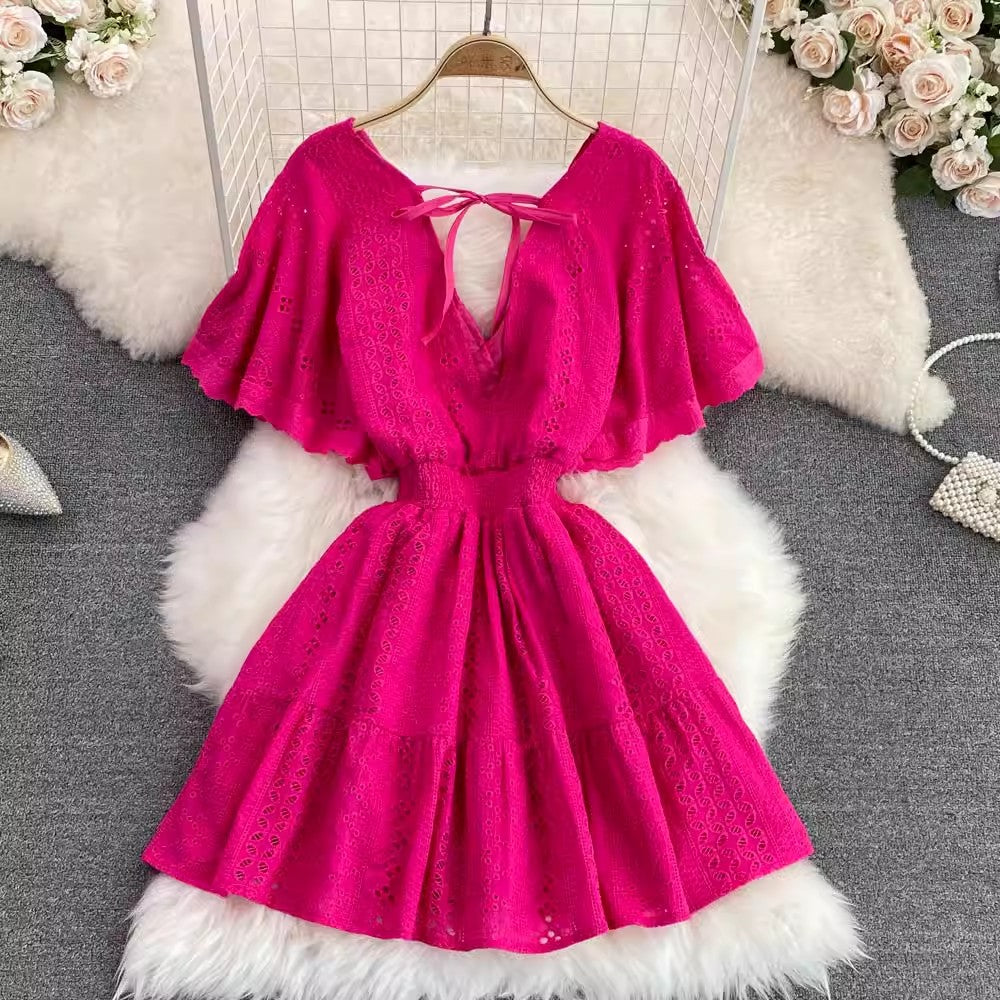 Fashion Deep V-Neck Ruffle Sleeve A-Line Dress       S4097