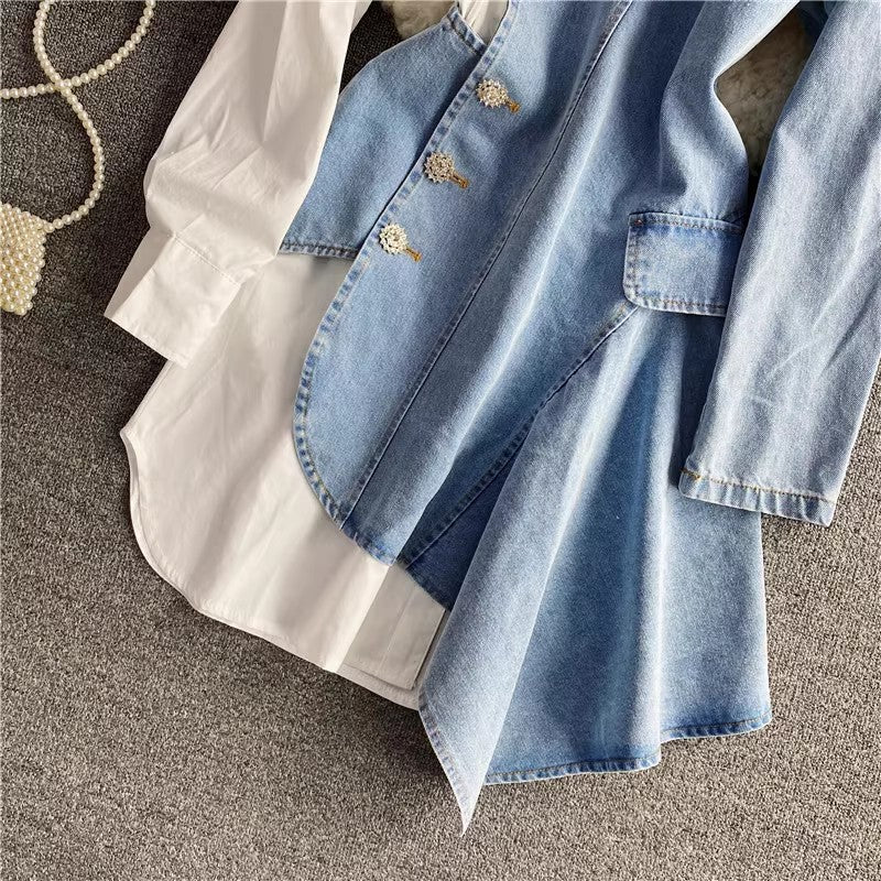 New Fashion Irregular Denim Long Sleeve Shirt Dress Polo Skirt     S4065