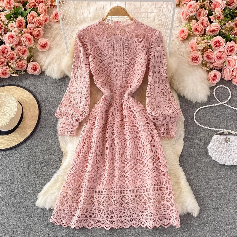 New style round neck puff sleeve lace dress     S3887