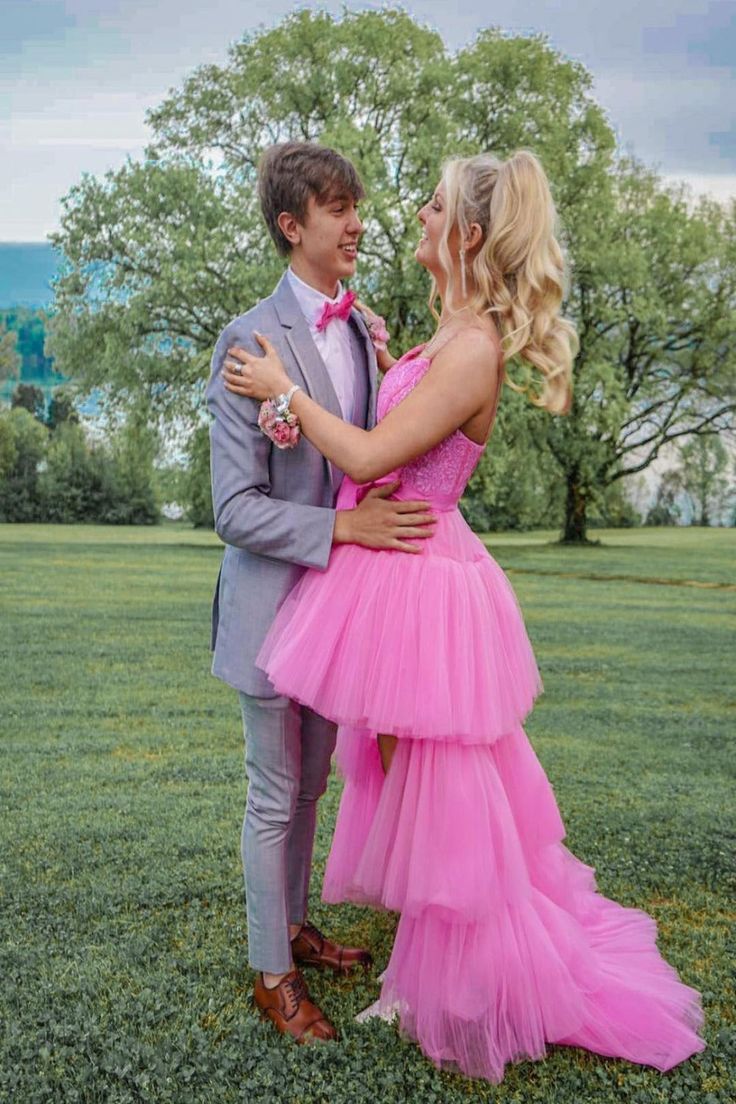 High Low Hot Pink Tiered Prom Dress with Spaghetti Straps,Elegant Graduation Dresses     S3358