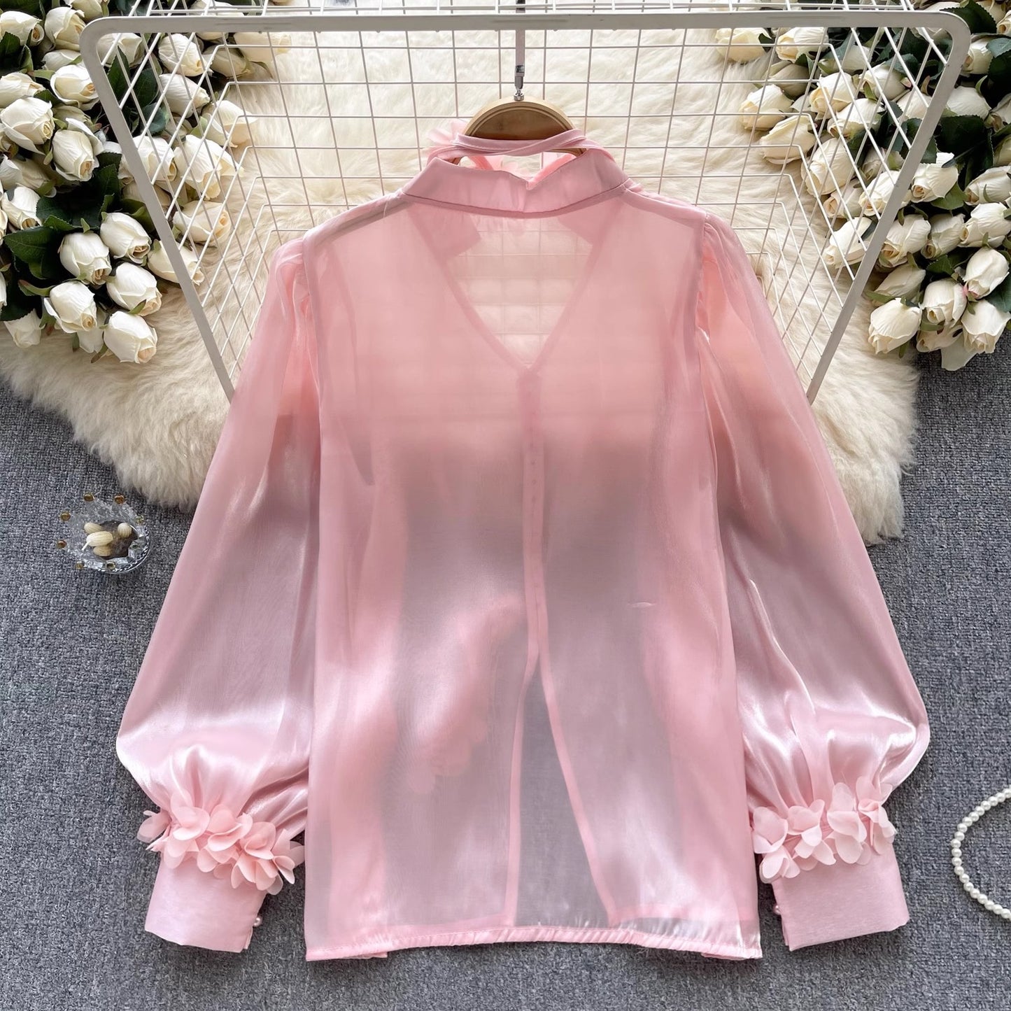 mesh shirt for women with ribbon long-sleeved design beautiful top trend     S4532