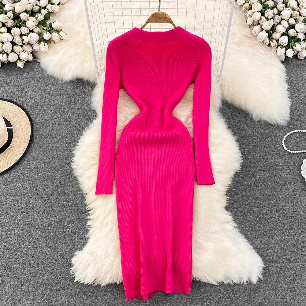 Polo Neck Long Sleeve Knitted Dress       S4163