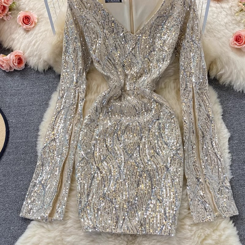 sexy sequined V-neck long-sleeved short dress    S4008