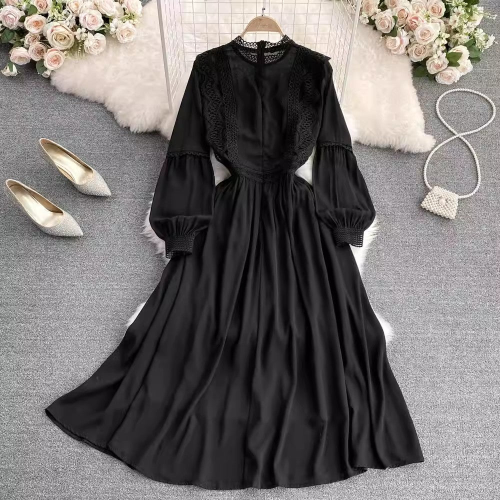 lace lantern sleeve chiffon A-line dress elegant long skirt      S4309