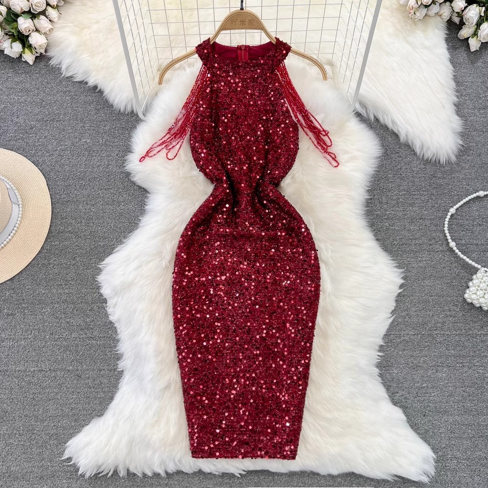 halter neck mid-length sparkling sequin dress for women     S4316