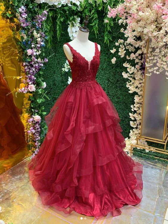 burgundy v neck tulle lace long prom dress, burgundy evening dress      S3344