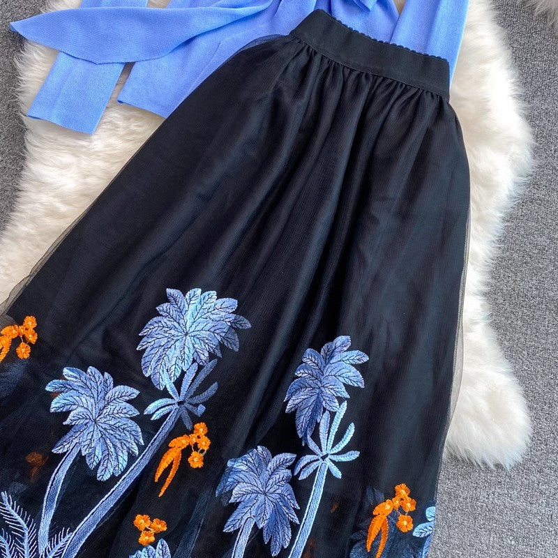 mid-length knee-length mesh embroidered skirt, two-piece suit sweater      S4017