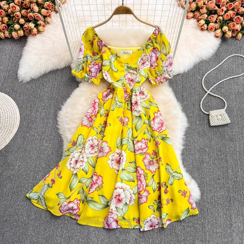 mid-length V-neck floral chiffon dress     S4430