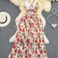 Seaside Holiday Chiffon Floral Holiday Dress, Backless Hollow Binding High Waist Slit Long Dress     S4404