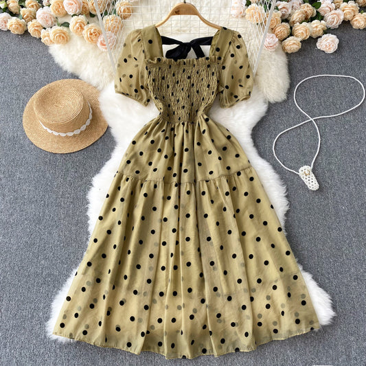 Vintage Square Neck Polka Dot Puff Sleeve Dress     S4458