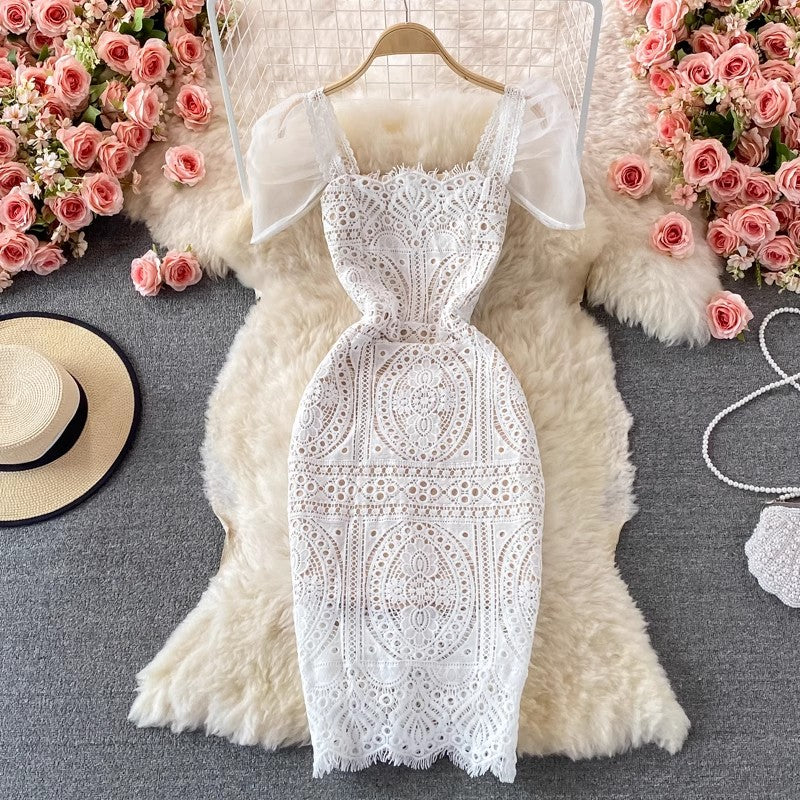 Square neck puff sleeves mid-length lace dress     S4254