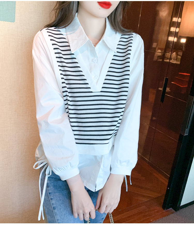 Striped stitching women's long-sleeved shirt women's two-piece top     S3422