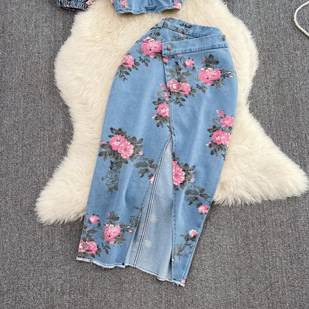 Denim fashion suit for hot girls chic halter top two-piece set     S4034