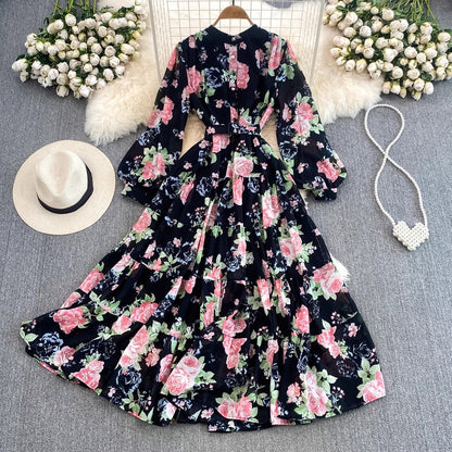 sweet lantern sleeves A-line printed ruffled chiffon dress elegant long skirt      S4092