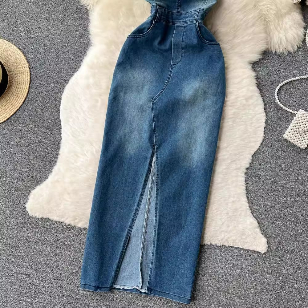 denim dress for women sexy slit retro style skirt trendy     S4566