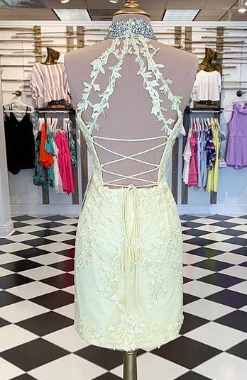 Yellow High Neck Sexy Lace Homecoming Dresses,Short Prom Dresses,Dance Dress        S3163