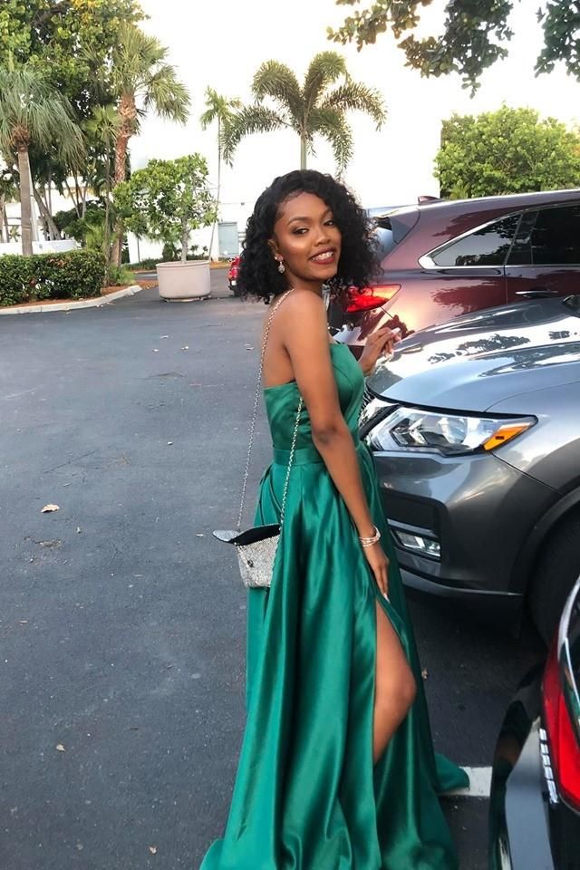 Hunter Green Satin Prom Dresses,Strapless Maxi Long Dress with Side Slit         S3748