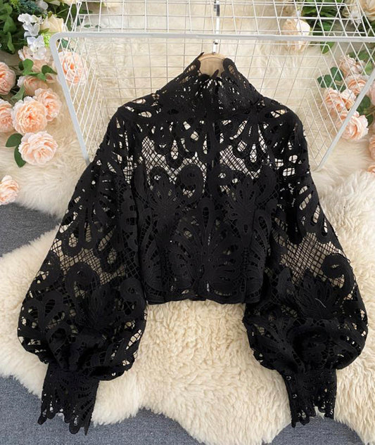 Stylish Hollow Lace Top Puff Sleeve Top     S4386