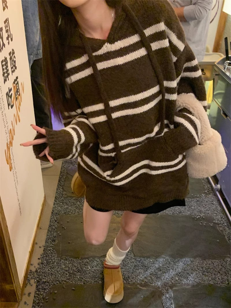 striped hooded knitted sweater    S4790