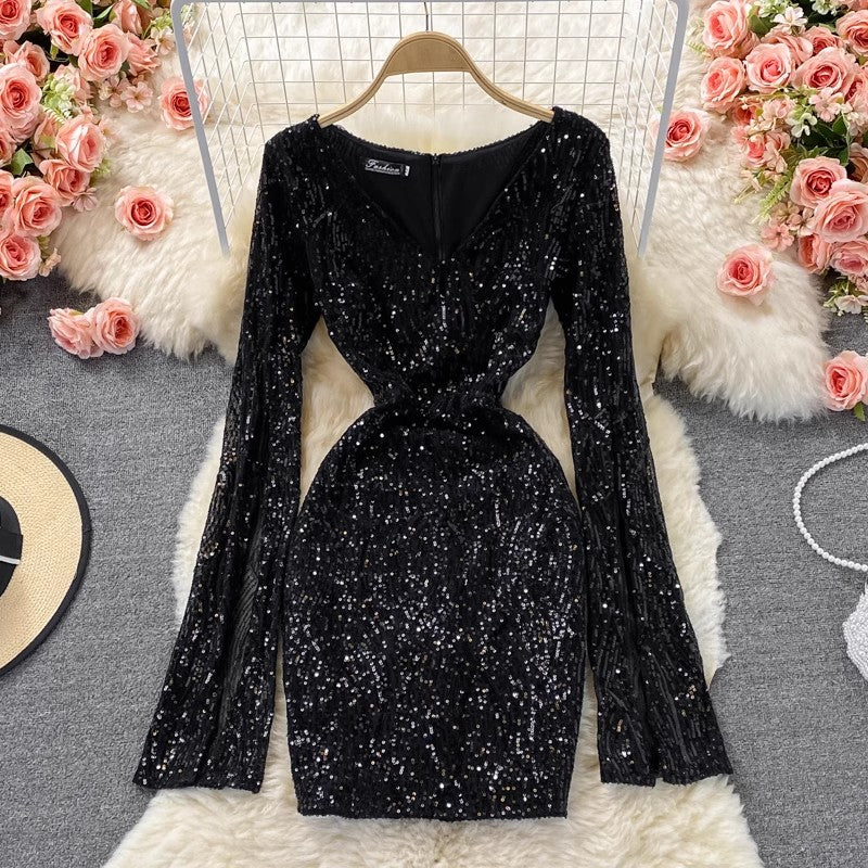 sexy sequined V-neck long-sleeved short dress    S4008