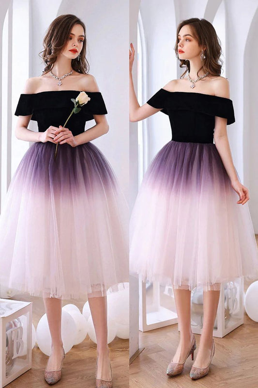 Purple A Line Ombre Off the Shoulder Tulle Tea-Length Homecoming Dress     S3377