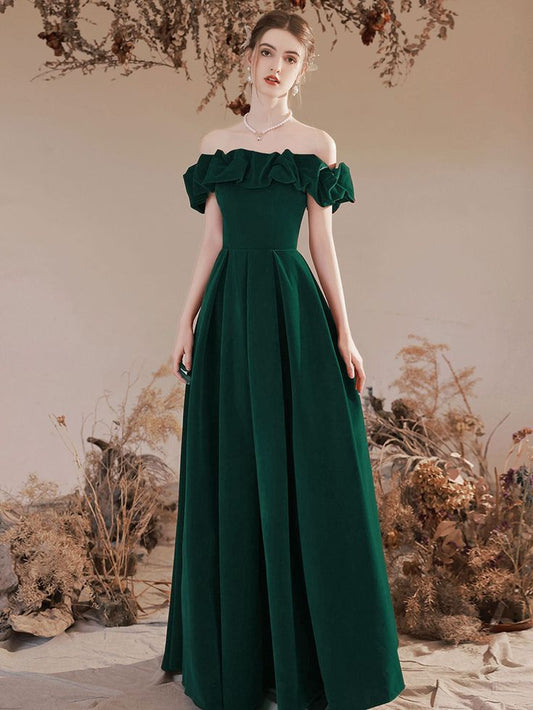 A-Line Off Shoulder Velvet Green Long Prom Dress, Green Formal Evening Dress          S3007