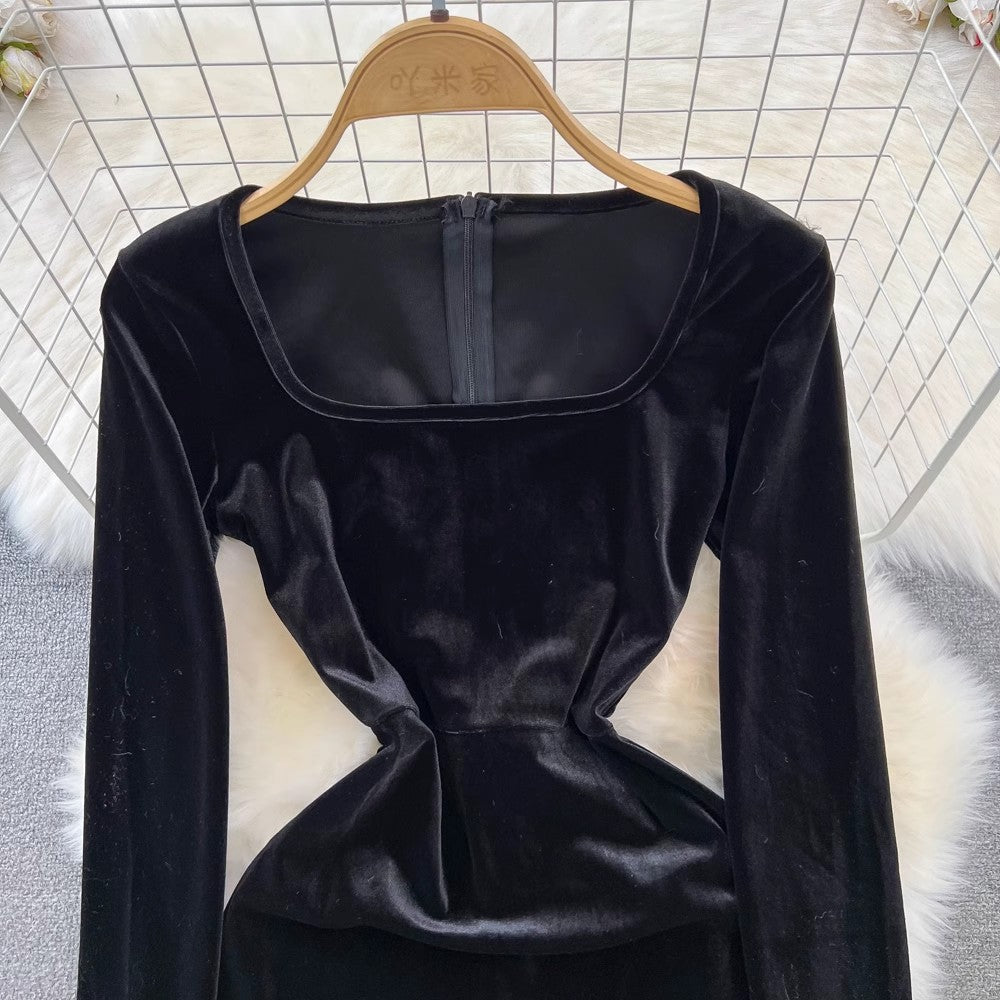 long-sleeved square neck mid-length velvet dress for women     S4265