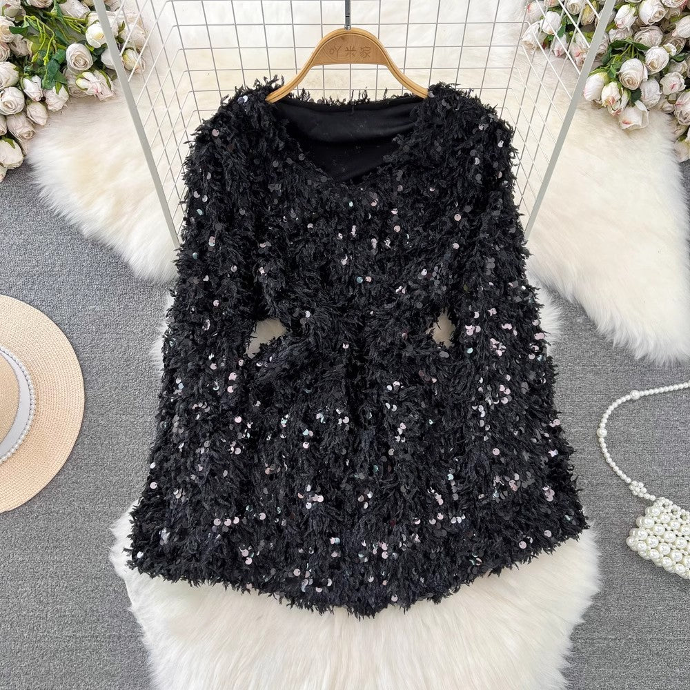 long-sleeved V-neck A-line sparkling sequined furry dress for women     S4336