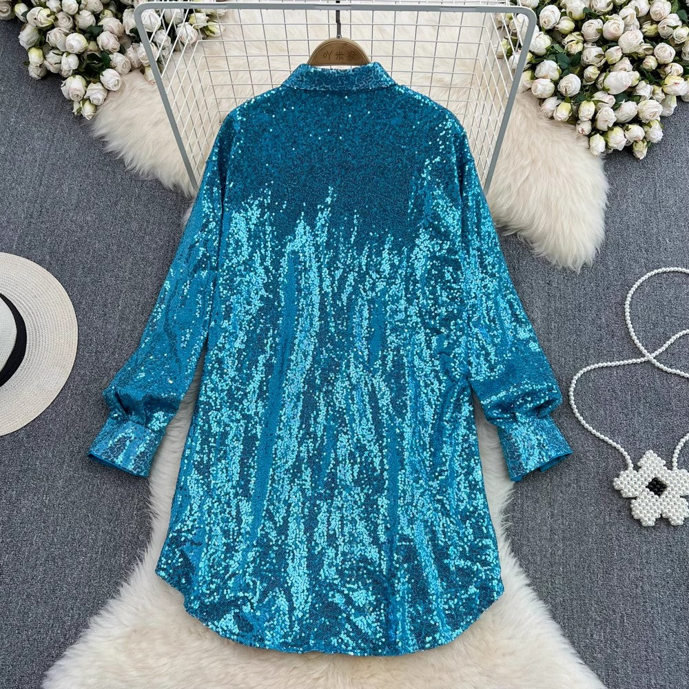 shiny sequined long-sleeved mid-length shirt dress fashionable a-line dress for women    S4207