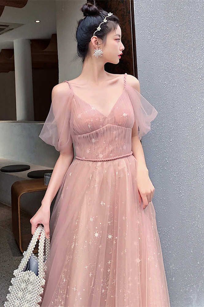 Straps A-line Blush Pink Tulle Long Party Dress        S3269