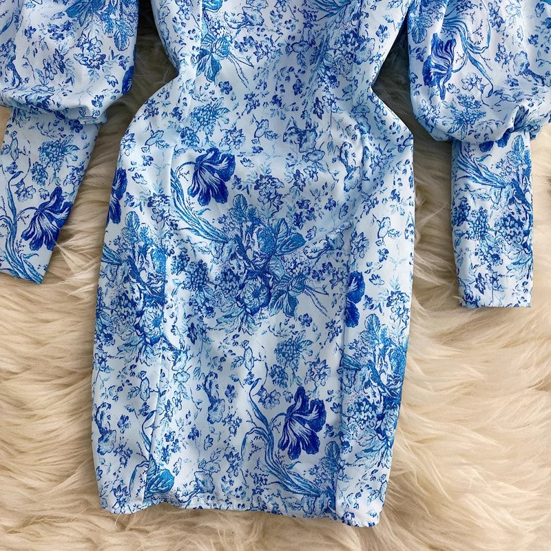 blue and white printed square sexy lantern sleeve dress      S4337